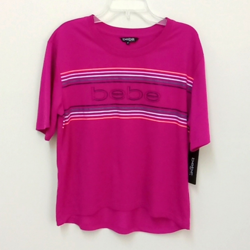*Final Price* NWT Bebe Womens Stripe Logo Boxy Tee in Festival Fuschia